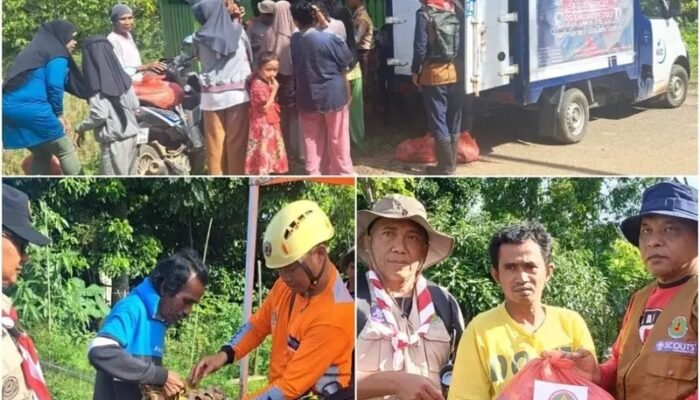 Pramuka Kwarcab Sawahlunto Dukung Posko dan Serahkan Bantuan Bencana Banjir Longsor di Palembayan Kabupaten Agam